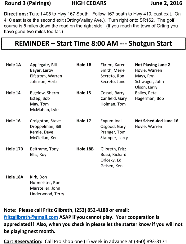 2016 High Cedars Pairings