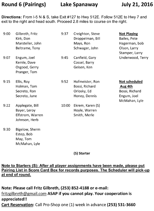 2016 Lake Spanaway Pairings