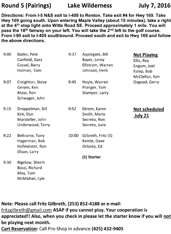 2016 Lake Wilderness Pairings